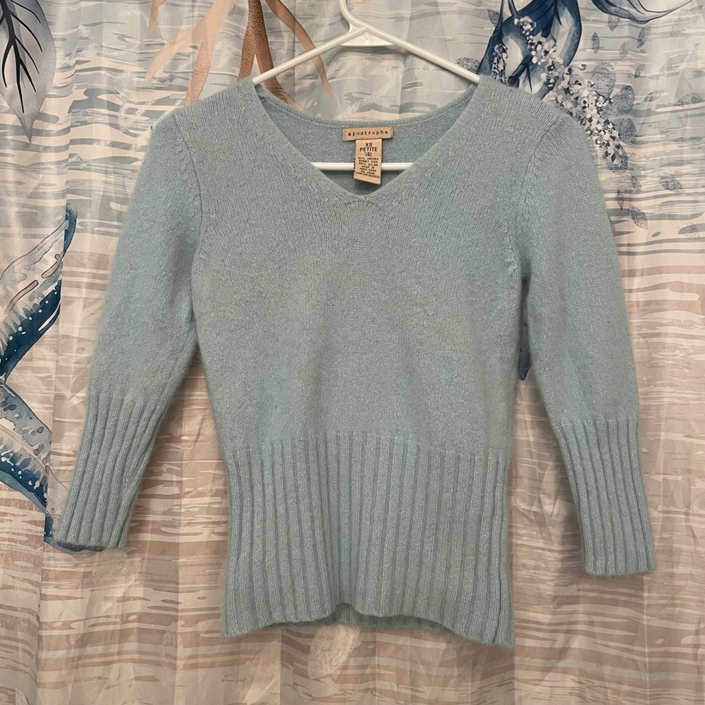 VTG 90s Sears Apostrophe Angora Blend Blue Vneck Sweater Womens XS Hong Kong Y2K